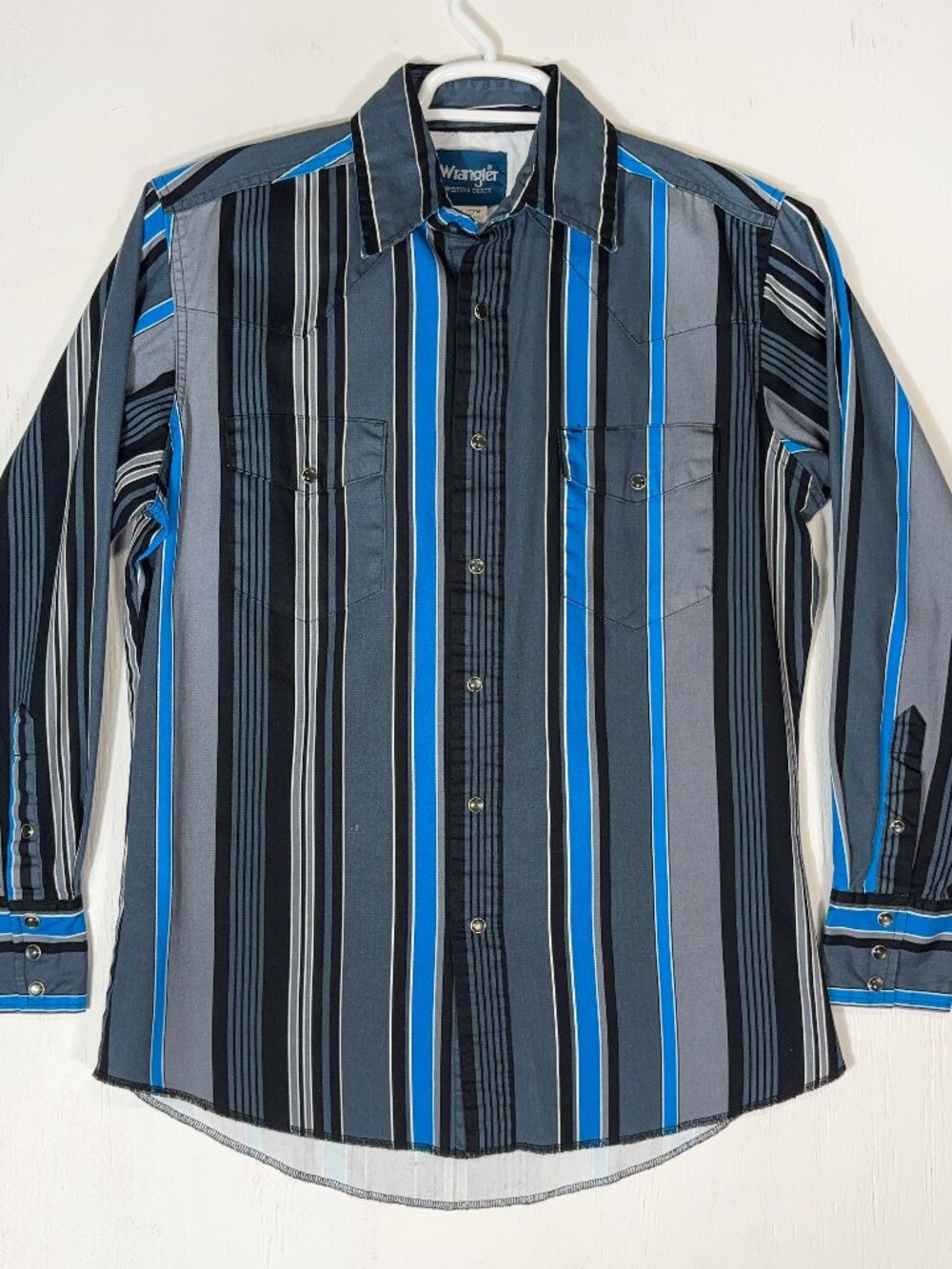 VTG Wrangler Brushpopper Western Striped Pearl Snap Shirt Mens M Blue Gray Rodeo